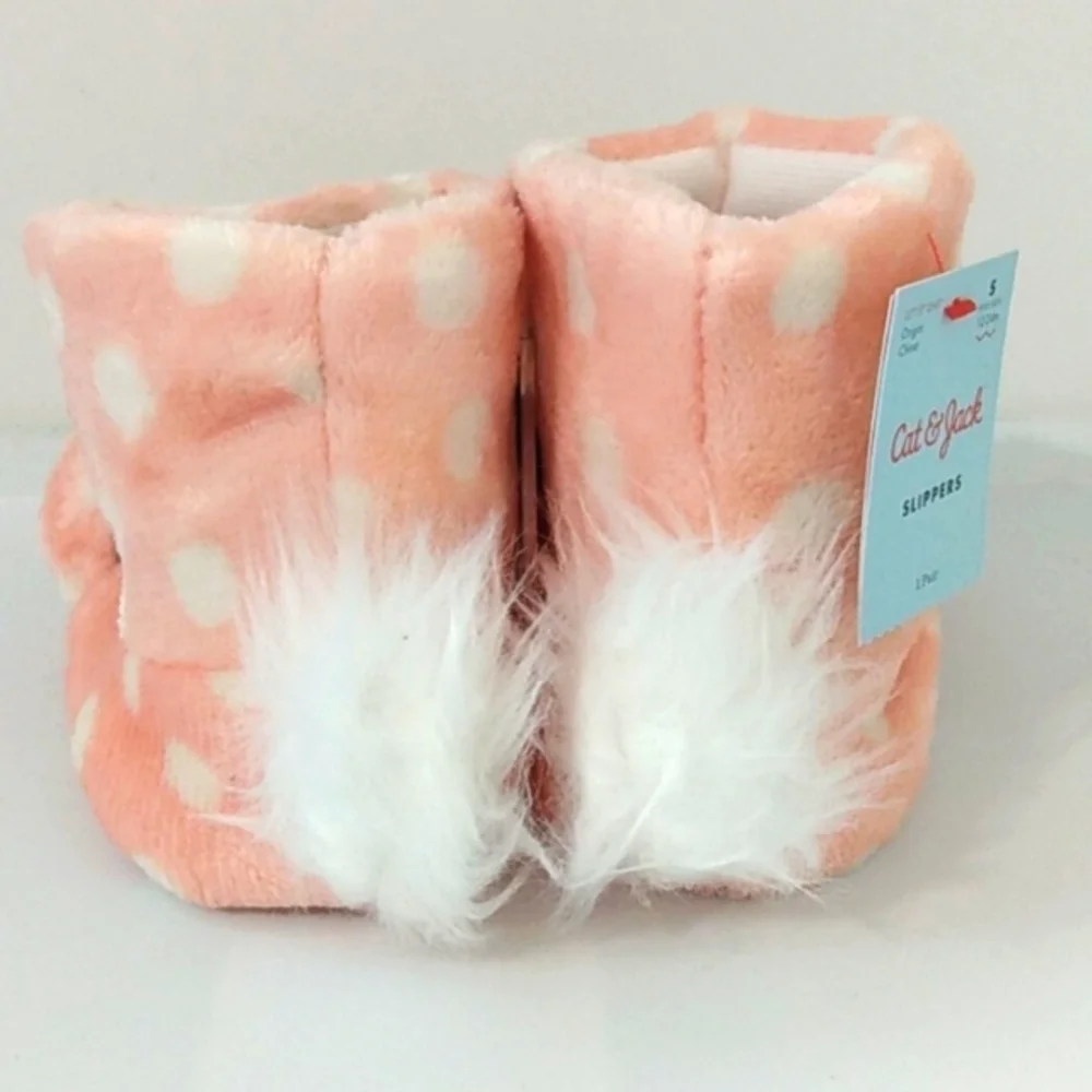CAT & JACK PINK WHITE POLKA DOT ANKLE BOOT SLIPPERS GIRLS SIZE SMALL  NWT